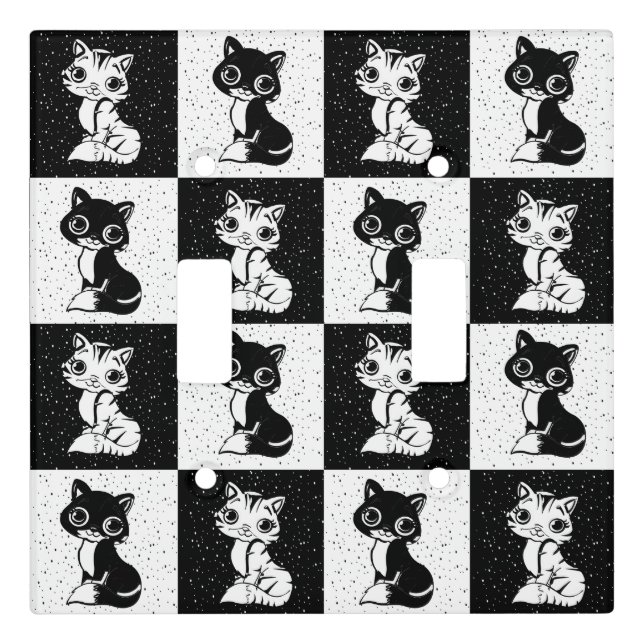 Black White  Cat Monogram Block Print Light Switch Cover (Front)