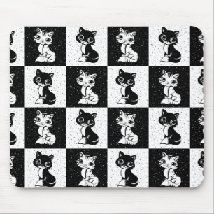 Black White Cat Monogram Block Print Mouse Pad