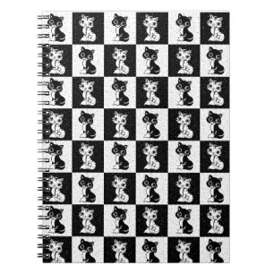 Black White  Cat Monogram Block Print Notebook