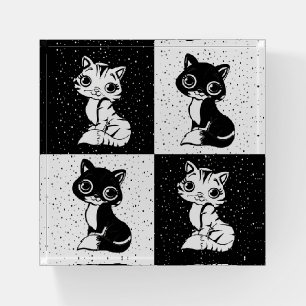 Black White Cat Monogram Block Print Paperweight