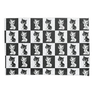 Black White  Cat Monogram Block Print Pillow Case