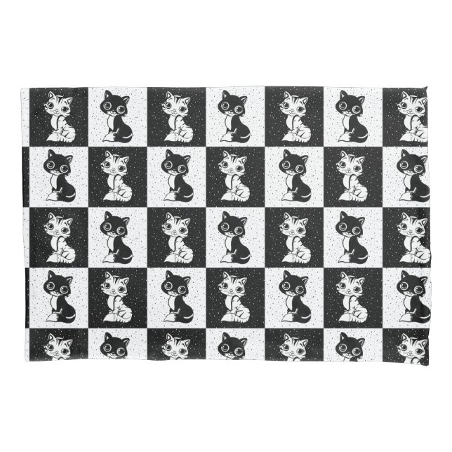 Black White  Cat Monogram Block Print Pillow Case (Front)