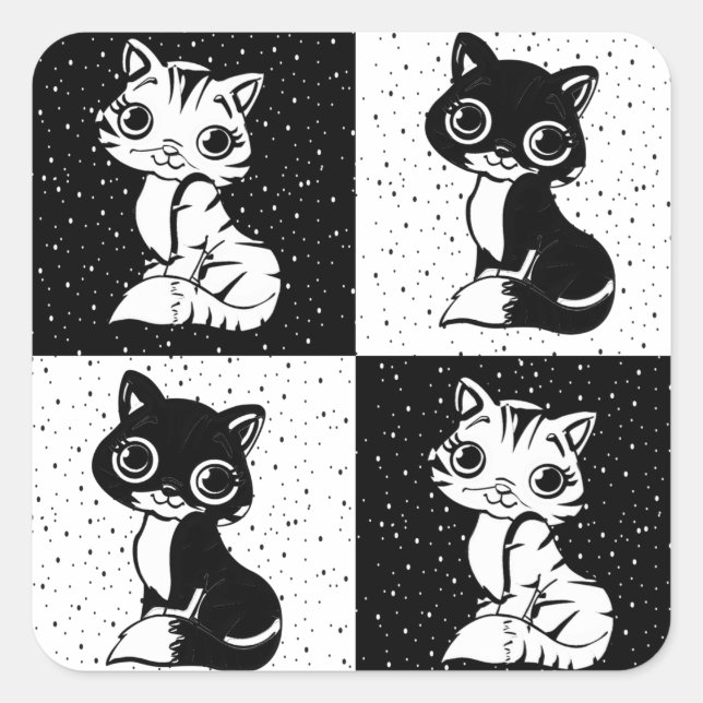 Black White  Cat Monogram Block Print Square Sticker (Front)