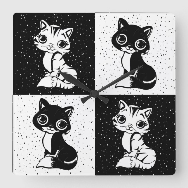 Black White  Cat Monogram Block Print Square Wall Clock (Front)