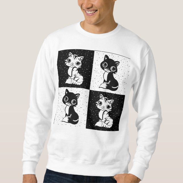 Black White  Cat Monogram Block Print Sweatshirt (Front)