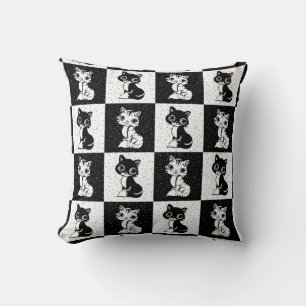 Black White  Cat Monogram Block Print Throw Pillow