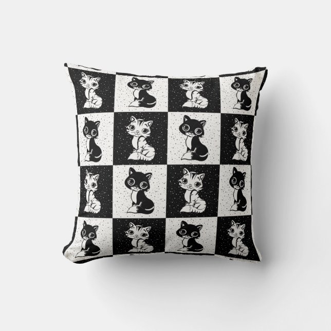 Black White  Cat Monogram Block Print Throw Pillow (Front)