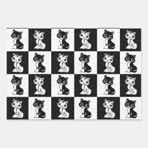 Black White Cat Monogram Block Print Wrapping Paper Sheets