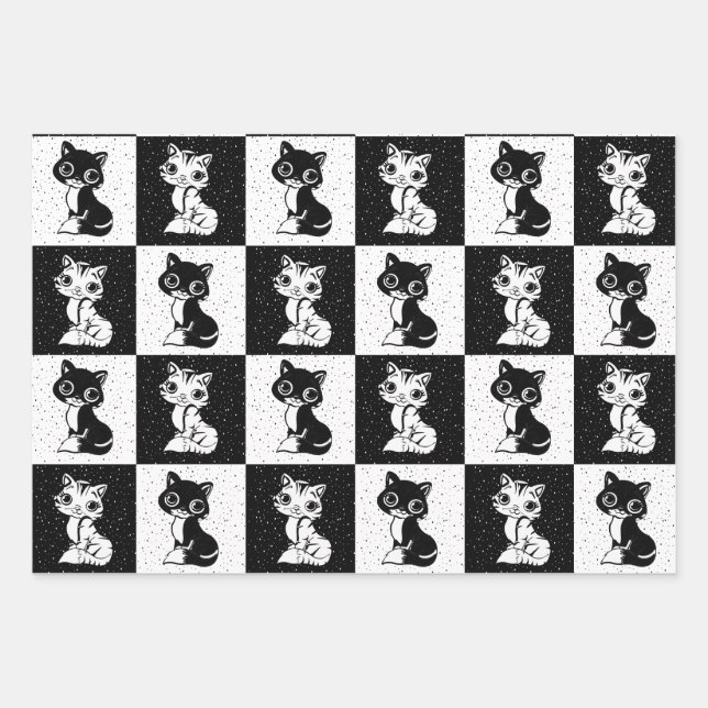 Black White  Cat Monogram Block Print Wrapping Paper Sheets (Front)