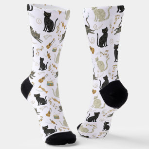 Black & White Cat Music Notes Socks