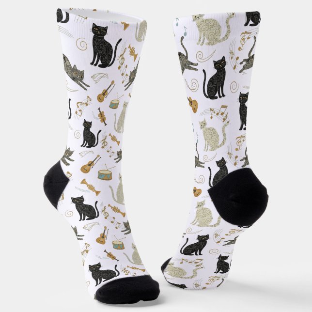 Black & White Cat Music Notes Socks (Angled)