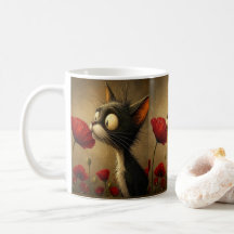 Black & White Cat Red Flower Floral Mug