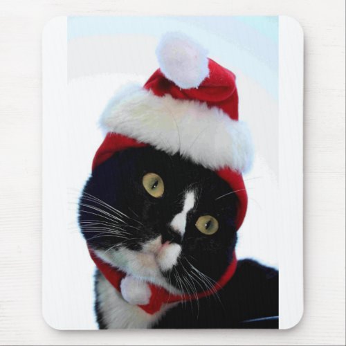 Black  White Cat Santa Hat looking left no frame Mouse Pad