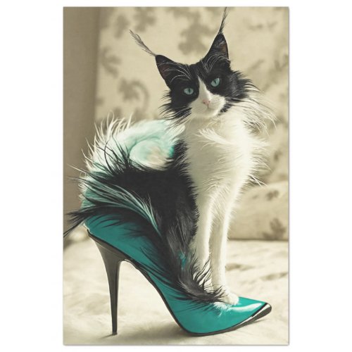 Black White Cat Sitting High Heel Shoe Decoupage Tissue Paper