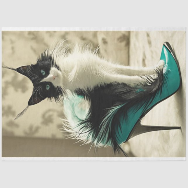Black White Cat Sitting High Heel Shoe Decoupage Tissue Paper (Front)