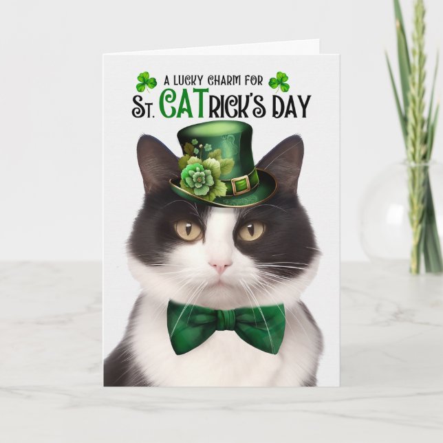Black White Cat St. CATrick's Day Lucky Charm Holiday Card (Front)
