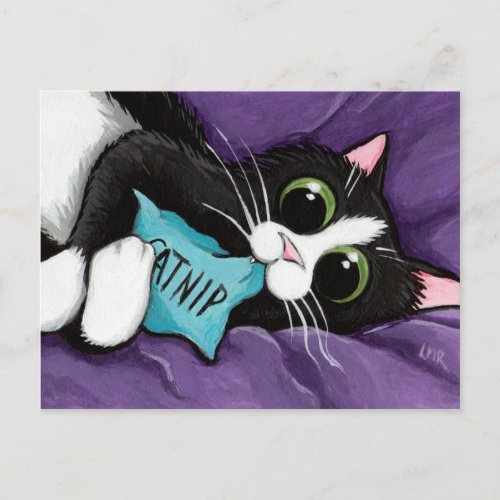 Black  White Cat with Catnip Pillow _ Cat Art Postcard
