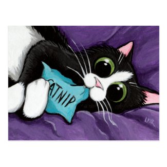 Black & White Cat with Catnip Pillow - Cat Art Postcard