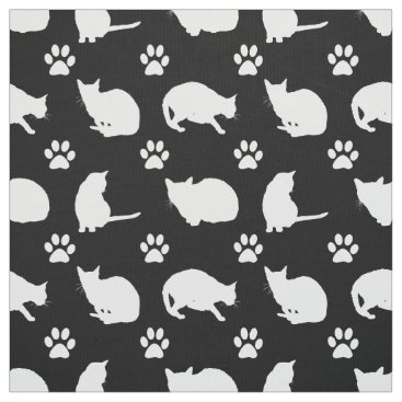 Black White Cats and Paws Print Fabric