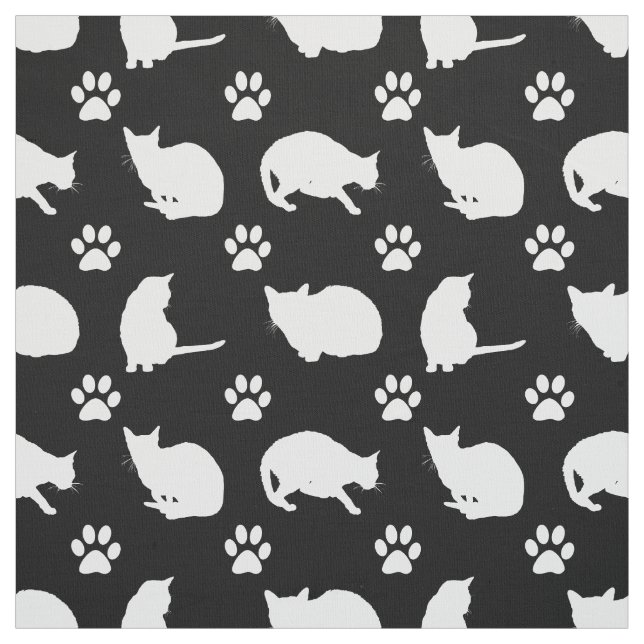 Black White Cats and Paws Print Fabric (Swatch)