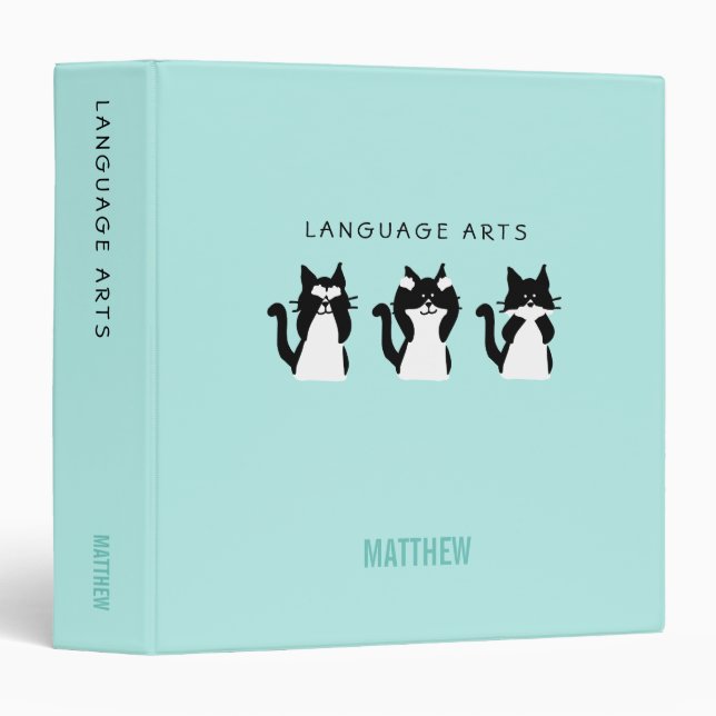 Black White Cats Aqua Custom Name School Subject 3 Ring Binder (Front/Spine)