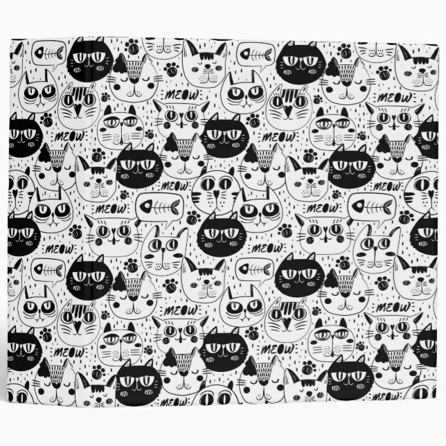Black white cats faces pattern 3 ring binder (Front/Spine)