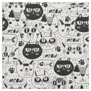 Black white cats faces pattern fabric