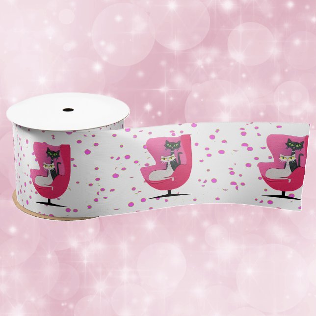 Black White Cats in Pink 1950s Chair Dots Satin Ribbon (Atomic black white cats in pink chair with pinks balloons and dots on gift or decorative ribbon.)