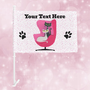 Black White Cats in Pink Chair Pink Dots on White Car Flag