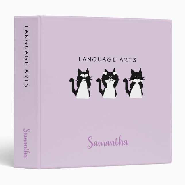 Black White Cats Purple Custom Name School Subject 3 Ring Binder (Front/Spine)