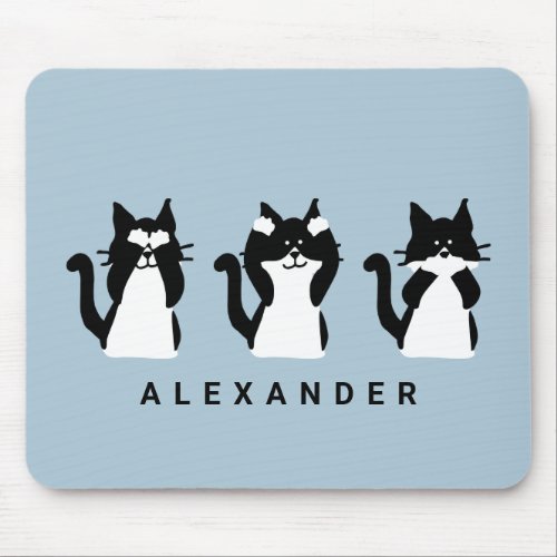 Black White Cats  Three Wise Kitties Light Blue Mouse Pad