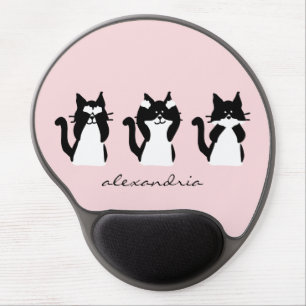 Black White Cats Three Wise Kitties Pastel Pink Gel Mouse Pad