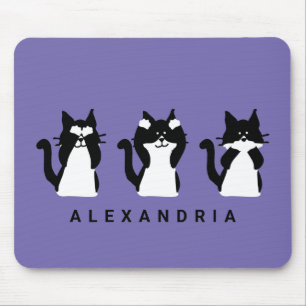Black White Cats Three Wise Kitties Purple Mouse Pad