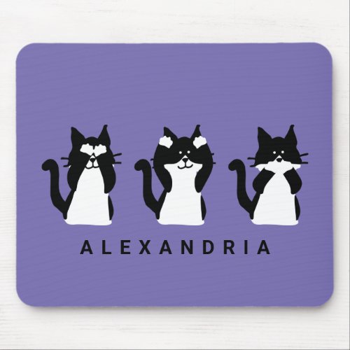 Black White Cats  Three Wise Kitties Purple Mouse Pad