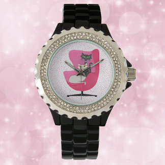 Black White Cats Vintage Pink Chair Diamond Collar Watch