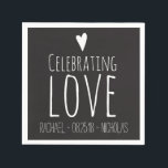 Black White Celebrating Love | Wedding Paper Napkins<br><div class="desc">Whimsy Heart with Celebrating Love design. Add your names and wedding date to customize. In a Rich Classic Black Color. Perfect for Engagement Party, Rehearsal Dinner, Bridal Shower, Wedding Reception, Post Wedding Receptions, Anniversary Parties. If the color scheme is not what you wanted please let me know and I'll recreate...</div>