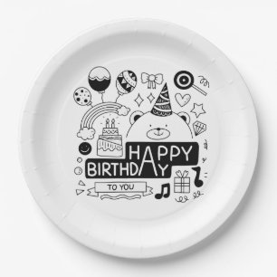 Black & White Celebration Happy Birthday Paper Plates