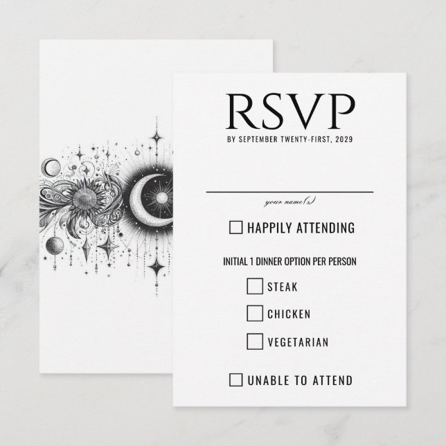 Black & White Celestial Food Choices RSVP Card (Front/Back)