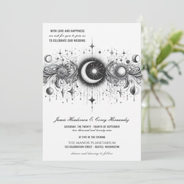 Black & White Celestial Wedding Invitation (Standing Front)