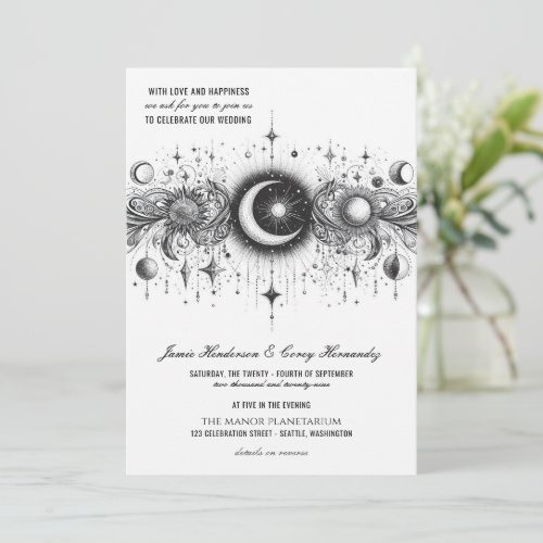 Black  White Celestial with Details Wedding Invitation
