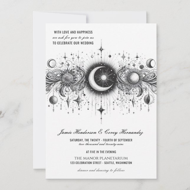Black & White Celestial with QR Code Wedding Invitation (Front)