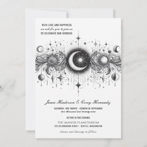 Black  White Celestial with QR Code Wedding Invitation