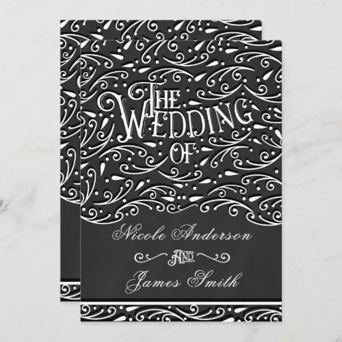 Black  White Chalk Vintage Ornament Wedding Invitation
