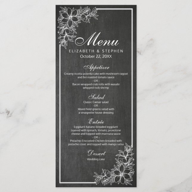 Black & White Chalkboard Floral Frame Wedding Menu (Front)
