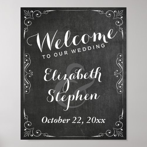 Black White Chalkboard Floral Wedding Sign Poster