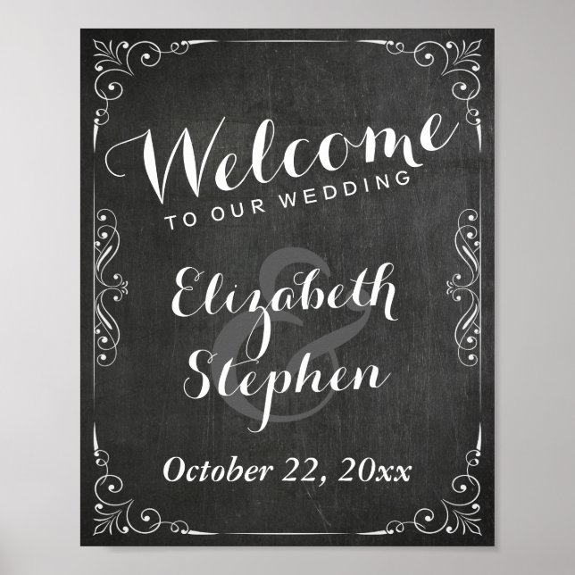 Black White Chalkboard Floral Wedding Sign Poster (Front)