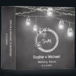 Black White Chalkboard Mason Jar Wedding Album 3 Ring Binder<br><div class="desc">Black White Wedding Photo Album with Rustic Chalkboard/Blackboard background, Couple Initials, Monogram, Mason Jar and String Lights with hand written text. You can choose the inside background color as white or black, sizes ranging from 1 inch, 1.5 inches, 2 inches. Use personalize this template option to change the text. Check...</div>