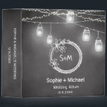 Black White Chalkboard Mason Jar Wedding Album 3 Ring Binder<br><div class="desc">Black White Wedding Photo Album with Rustic Chalkboard/Blackboard background, Couple Initials, Monogram, Mason Jar and String Lights with hand written text. You can choose the inside background color as white or black, sizes ranging from 1 inch, 1.5 inches, 2 inches. Use personalize this template option to change the text. Check...</div>