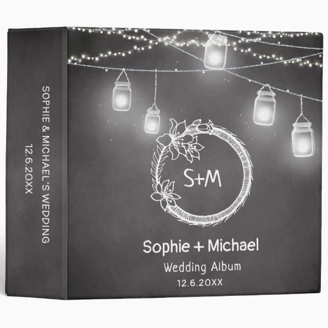 Black White Chalkboard Mason Jar Wedding Album 3 Ring Binder (Front/Spine)