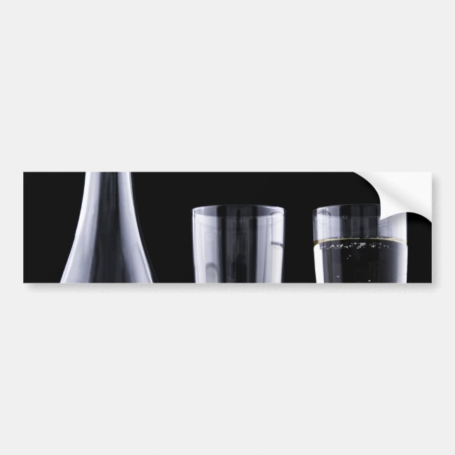 Black White Champagne Bottle Flute Glasses Festive Bumper Sticker (Front)